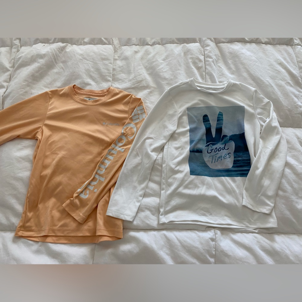 Columbia Peach and Old Navy White Long Sleeve Rashguard Shirts